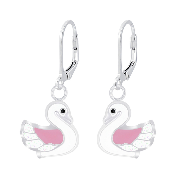 Silver Swan Lever Back Earrings - 6942