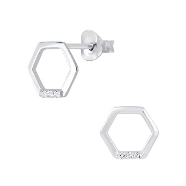 Silver Hexagon Stud Earrings - 7052