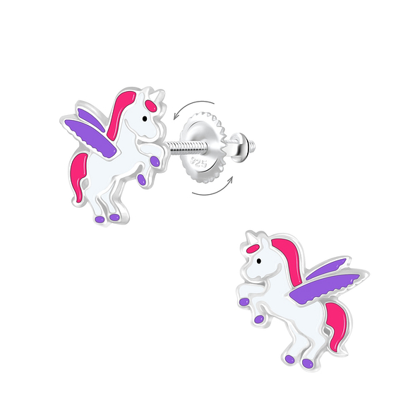 Silver Winged Unicorn Screw Back Earrings - 7005