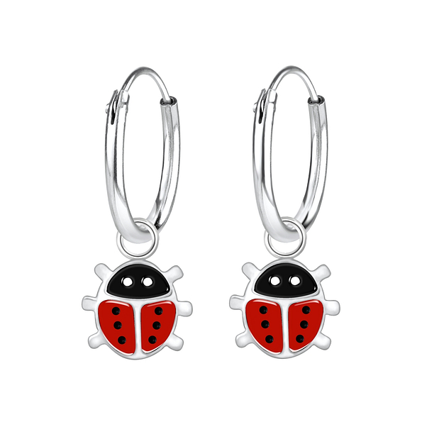 Silver Ladybug Charm Hoop Earrings - 7131