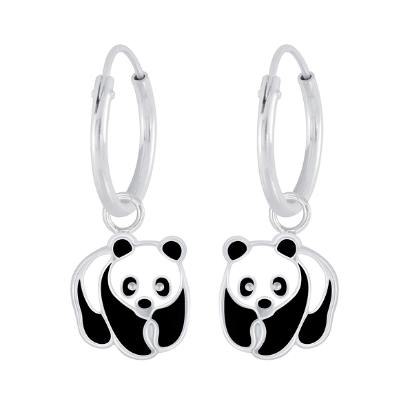 Silver Panda Charm Hoop Earrings - 7129