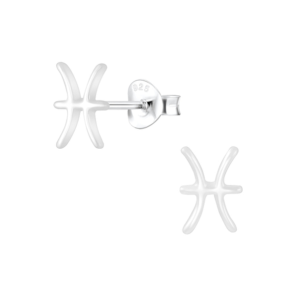 Silver Pisces Zodiac Sign Stud Earrings - 7027