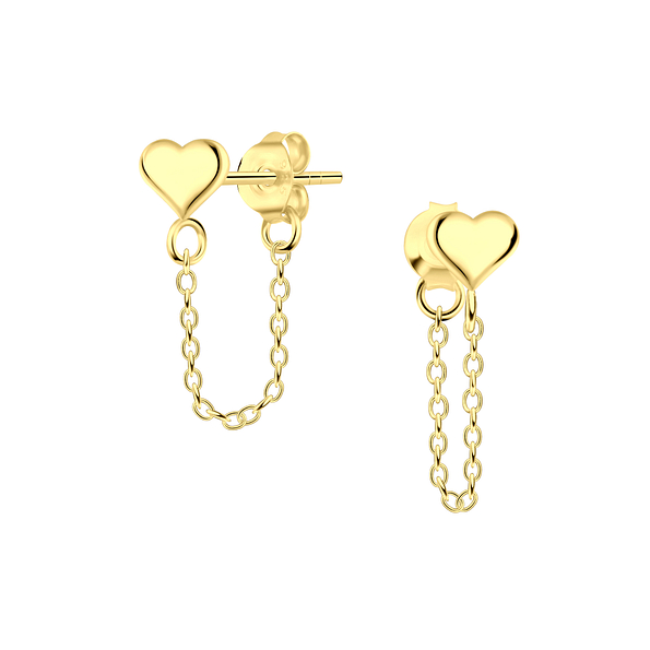 Silver Heart Stud Earrings with Chain - 23127