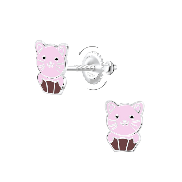 Silver Cat Screw Back Earrings - 6824