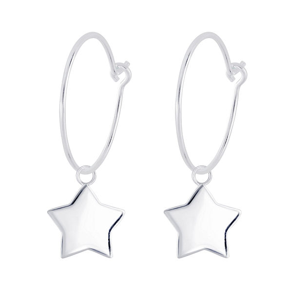 Silver Star Charm Hoop Earrings - 7339