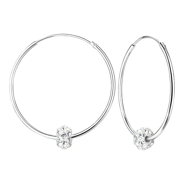 Silver Crystal Ball 30mm Hoop Earrings - 7183