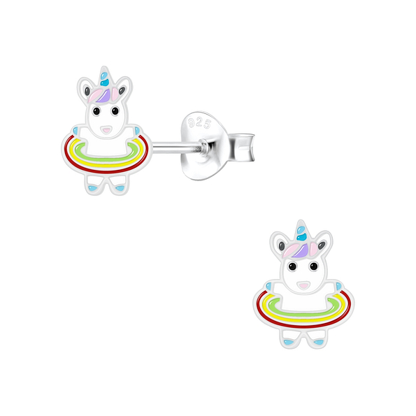 Silver Hula Hooping Unicorn Stud Earrings - 6870