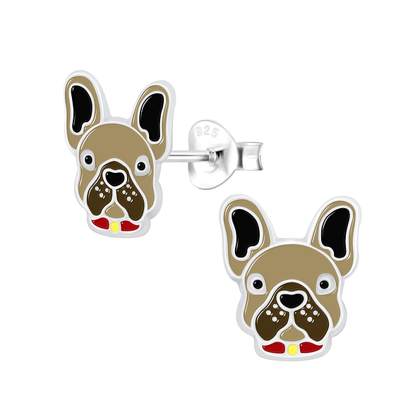 Silver French Bulldog Stud Earrings - 7077