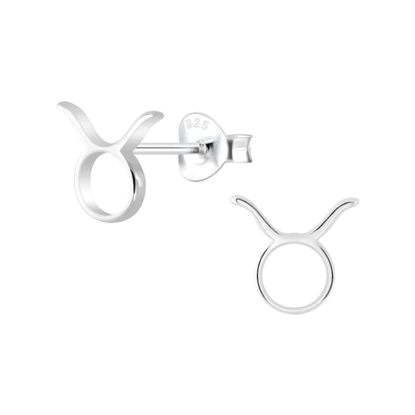 Silver Taurus Zodiac Sign Stud Earrings - 7031