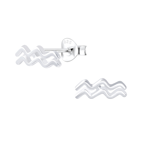 Silver Aquarius Zodiac Sign Stud Earrings - 7047