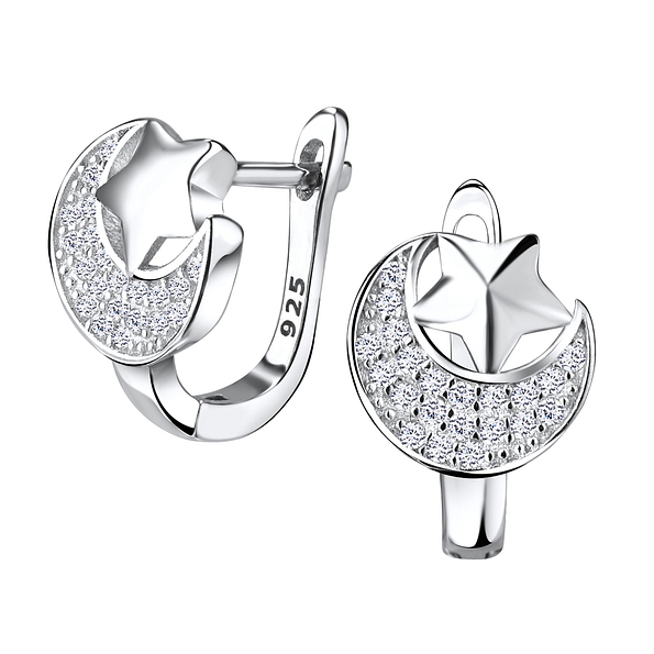 Silver Moon and Star Huggie Earrings - 4849
