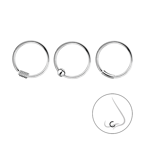 10mm Silver Nose Ring Set - Pack of 3 - 7492