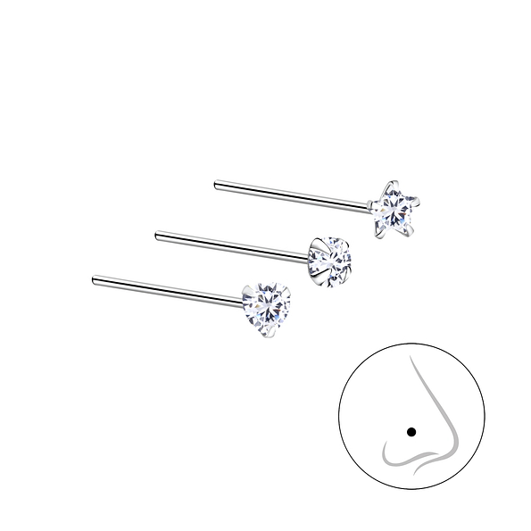 3mm Cubic Zirconia Silver Nose Stud Set - Pack of 3 - 7496