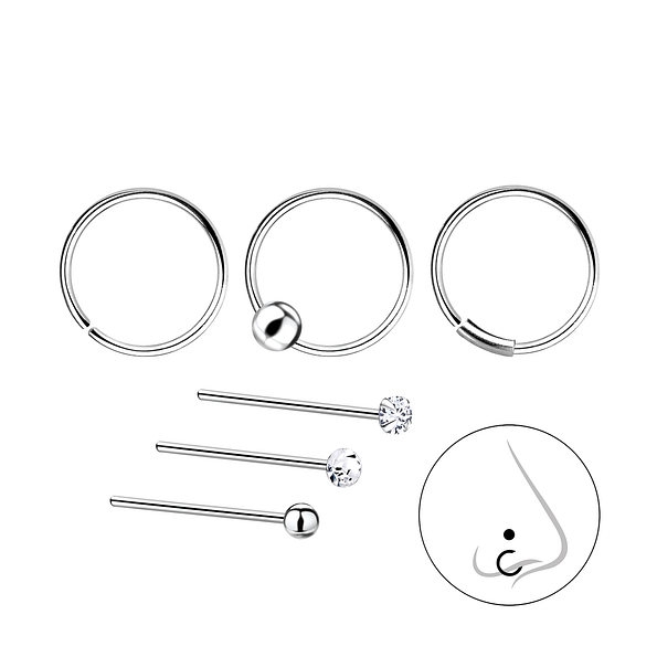 Silver Mixed Nose Jewelry Starter Set - Pack of 6 - 7503 Silver Mixed Nose Jewelry Starter Set - Pack of 6 - 7503
