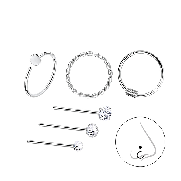 Silver Mixed Nose Jewelry Starter Set - Pack of 6 - 7502