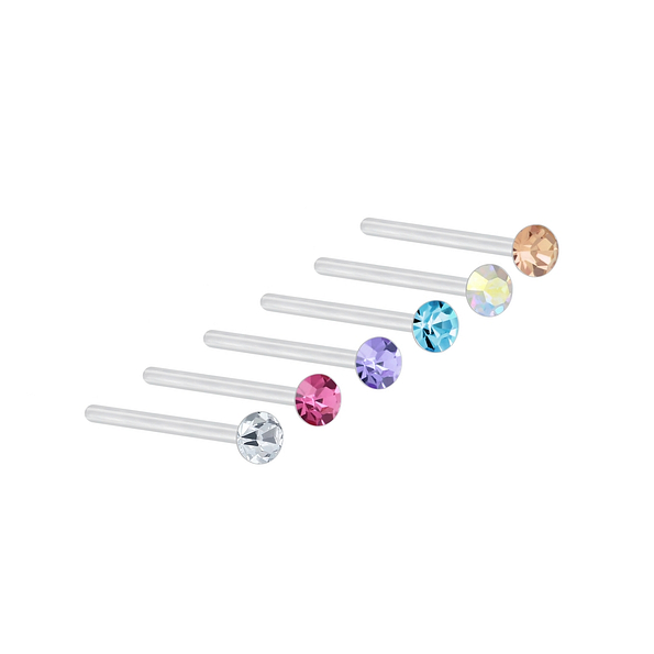 2mm Multi Color Crystal Silver Nose Stud Set - Pack of 6 - 7488