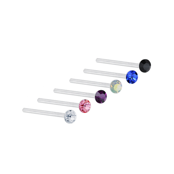 2mm Multi Color Crystal Silver Nose Stud Set - Pack of 6 - 7489