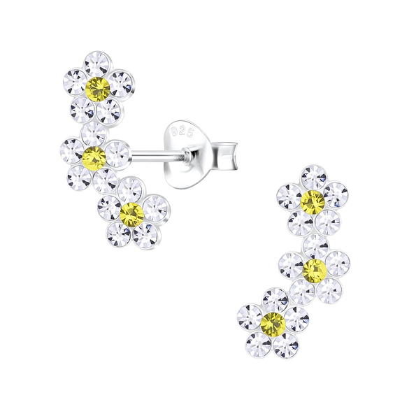 Silver Triple Crystal Flower Stud Earrings - 7774