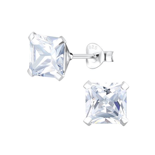 7mm Square Cubic Zirconia Silver Stud Earrings - 5436