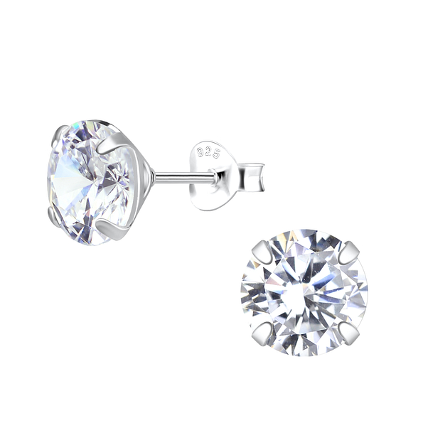 8mm Round Cubic Zirconia Silver Stud Earrings - 7752