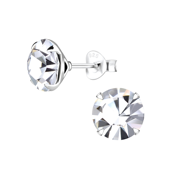 8mm Round Crystal Silver Stud Earrings - 8893