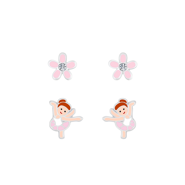 Silver Ballerina and Flower Stud Earrings Set - 7621