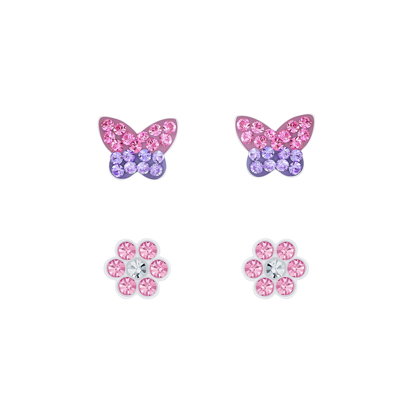 Silver Butterfly and Flower Stud Earrings Set - 7631