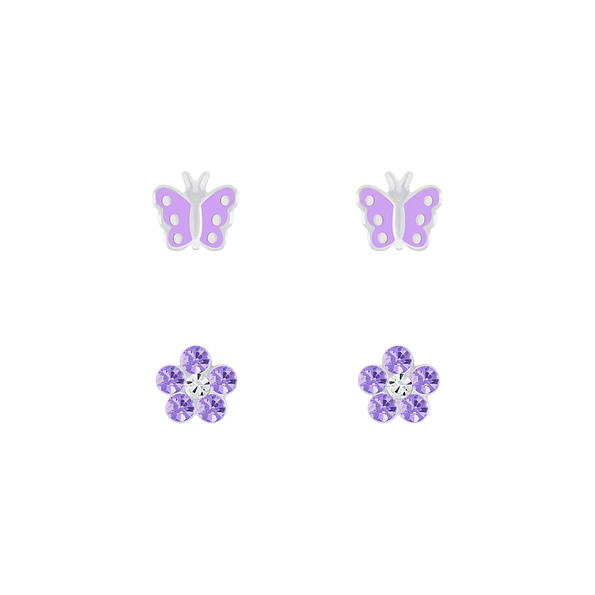 Silver Butterfly and Flower Stud Earrings Set - 7633