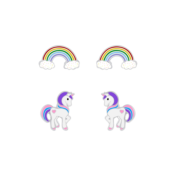 Silver Rainbow and Unicorn Stud Earrings Set - 7634