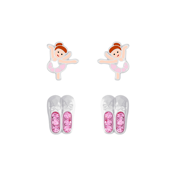 Silver Ballerina Stud Earrings Set - 7637