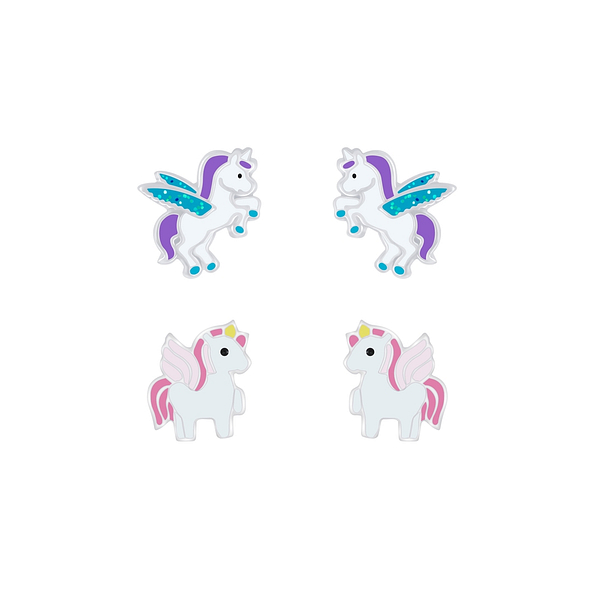 Silver Unicorn Stud Earrings Set - 7622