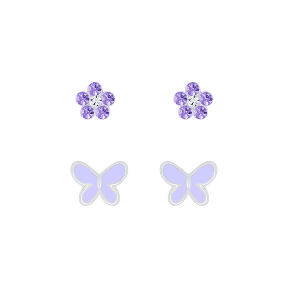 Silver Butterfly and Flower Stud Earrings Set - 7642