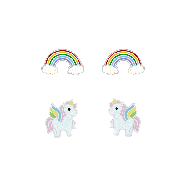 Silver Rainbow and Unicorn Stud Earrings Set - 7645