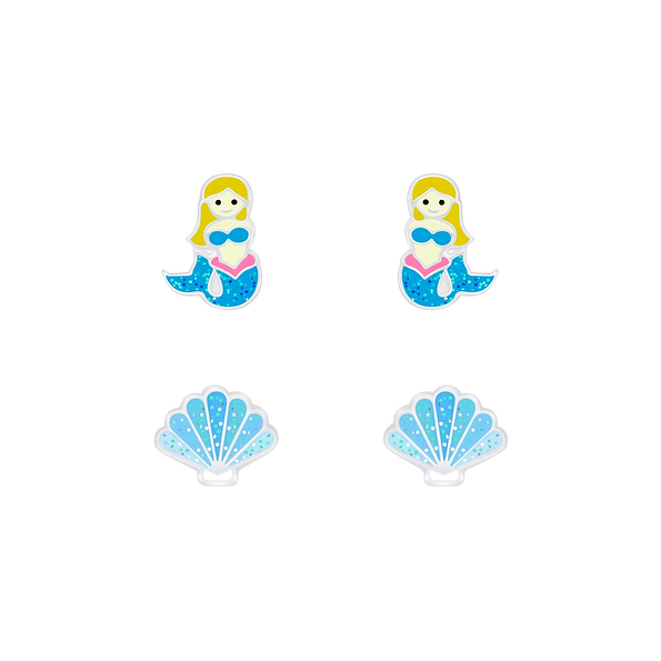 Silver Mermaid and Shell Stud Earrings Set - 7648