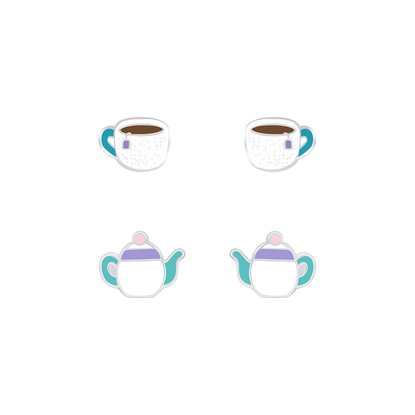Silver Tea Time Stud Earrings Set - 7628 Silver Tea Time Stud Earrings Set - 7628