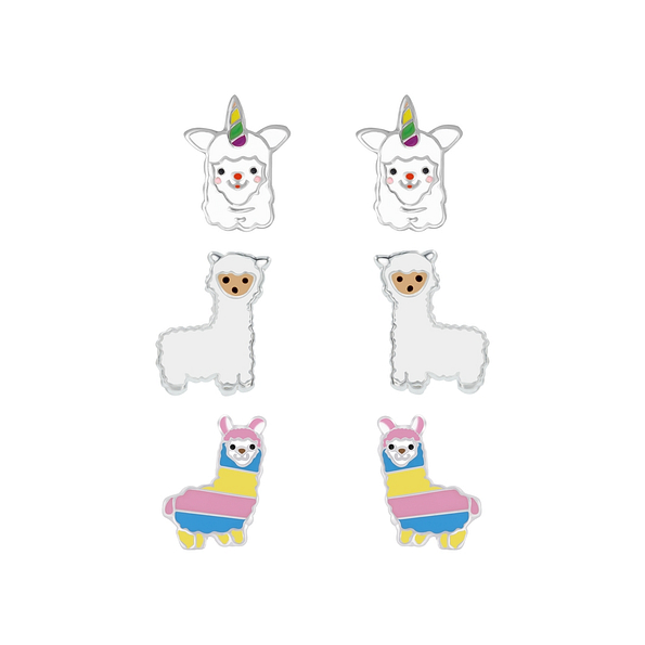 Silver Llama Stud Earrings Set - 7676