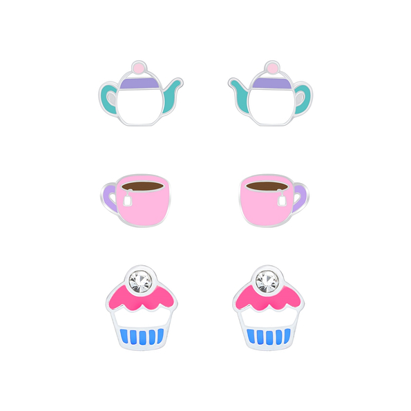 Silver Tea Time Stud Earrings Set - 7681