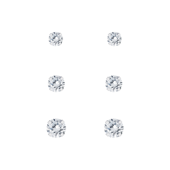 3mm 4mm and 5mm Cubic Zirconia Silver Stud Earrings Set - 7699