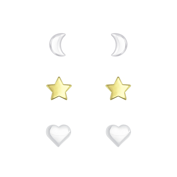 Silver Moon Star and Heart Stud Earrings Set - 7702