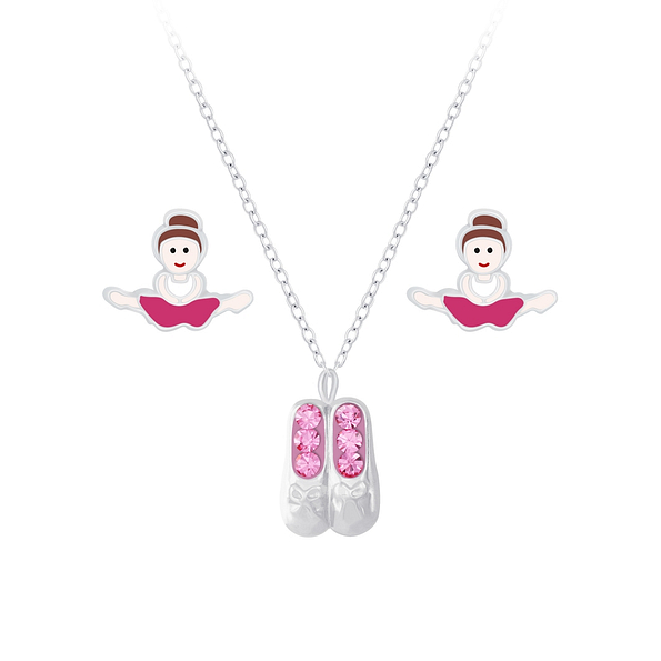 Silver Ballerina Necklace and Stud Earrings Set - 7652