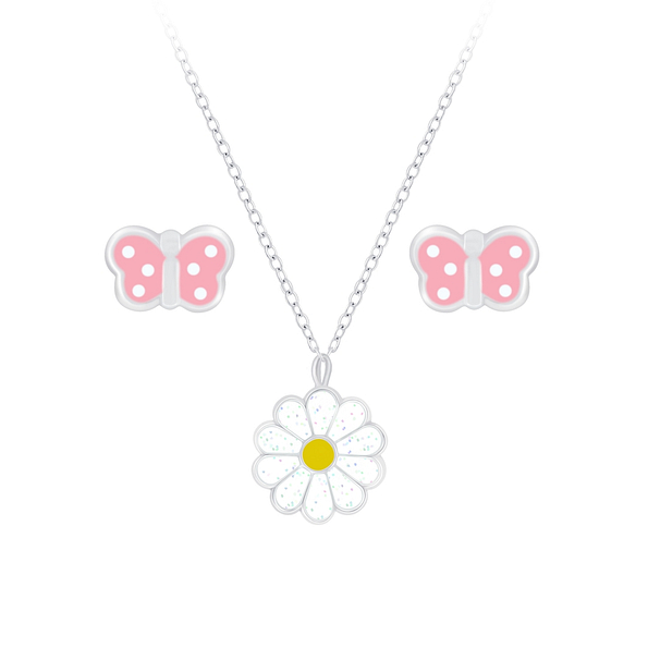 Silver Butterfly Necklace and Daisy Stud Earrings Set - 7662 Silver Butterfly Necklace and Daisy Stud Earrings Set - 7662