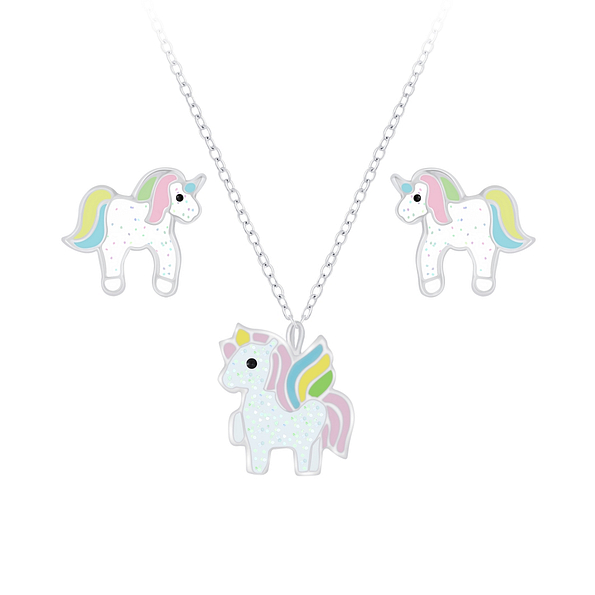 Silver Unicorn Necklace and Stud Earrings Set - 7663