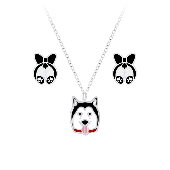 Silver Dog Necklace and Stud Earrings Set - 7664 Silver Dog Necklace and Stud Earrings Set - 7664