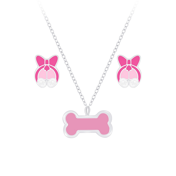 Silver Dog Necklace and Stud Earrings Set - 7665