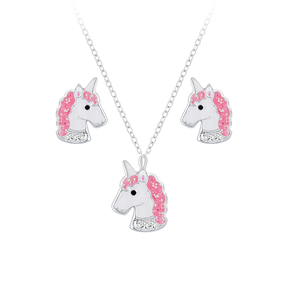 Silver Unicorn Necklace and Stud Earrings Set - 7666