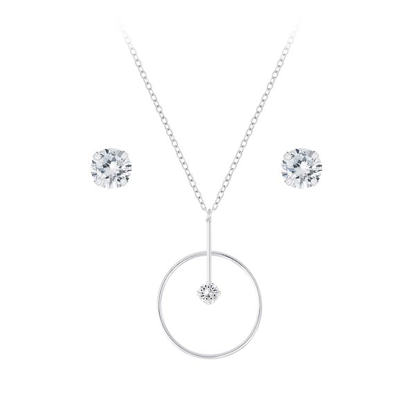 Silver Single Stone Necklace and Stud Earrings Set - 7728