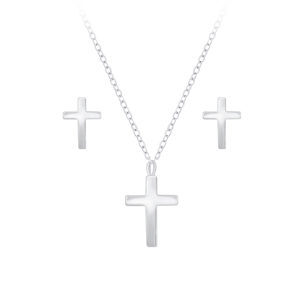 Silver Cross Necklace and Stud Earrings Set - 7729 Silver Cross Necklace and Stud Earrings Set - 7729