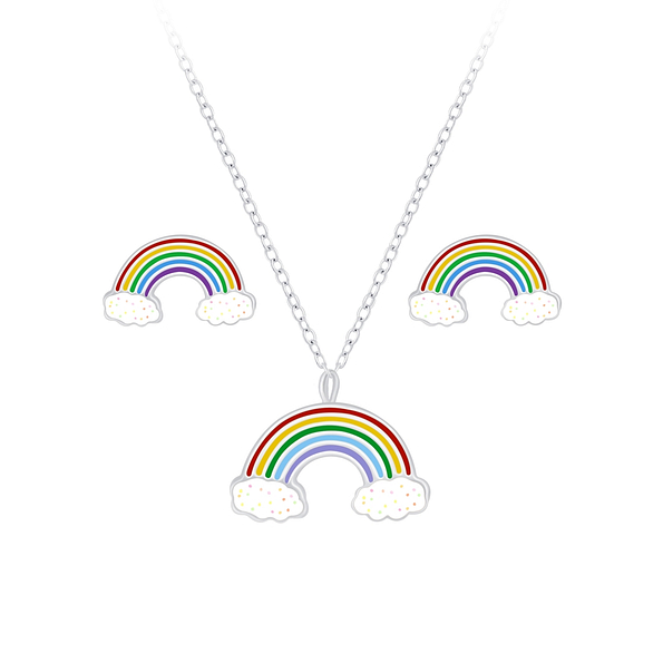 Silver Rainbow Necklace and Stud Earrings Set - 7653 Silver Rainbow Necklace and Stud Earrings Set - 7653