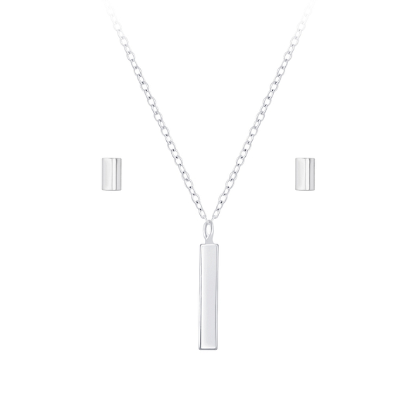 Silver Bar Necklace and Stud Earrings Set - 7732