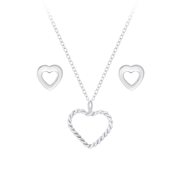 Silver Heart Necklace and Stud Earrings Set - 7733